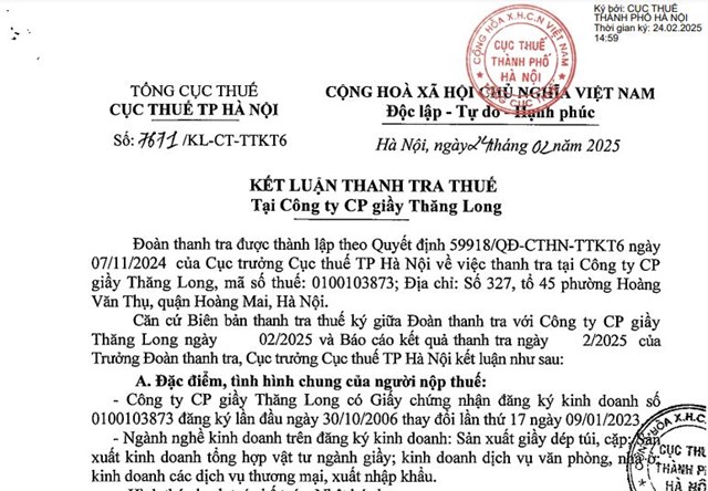 C&#244;ng ty Giầy Thăng Long bị kiến nghị truy thu tiền phạt, chậm nộp thuế hơn 514 triệu đồng  - Ảnh 1