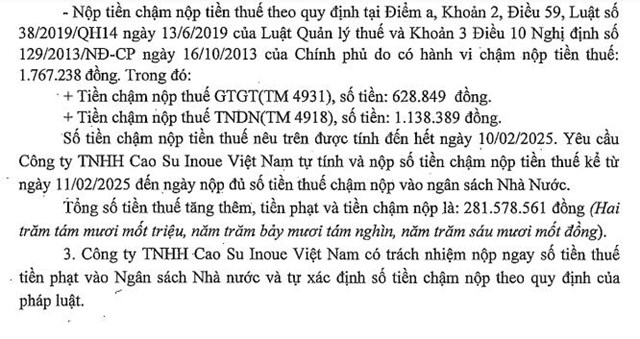 Vi phạm thuế, C&#244;ng ty TNHH Cao su Inoue Việt Nam bị phạt, truy thu tiền chậm nộp hơn 281 triệu đồng - Ảnh 4