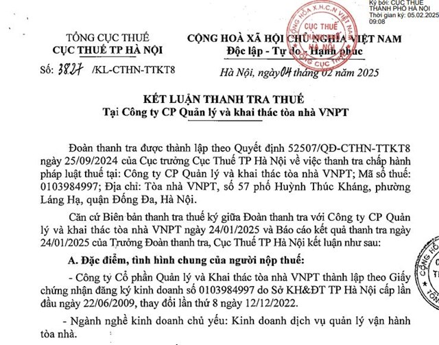 Vi phạm thuế, C&#244;ng ty Quản l&#253; v&#224; khai th&#225;c t&#242;a nh&#224; VNPT bị phạt v&#224; truy thu gần 2,7 tỷ đồng - Ảnh 1