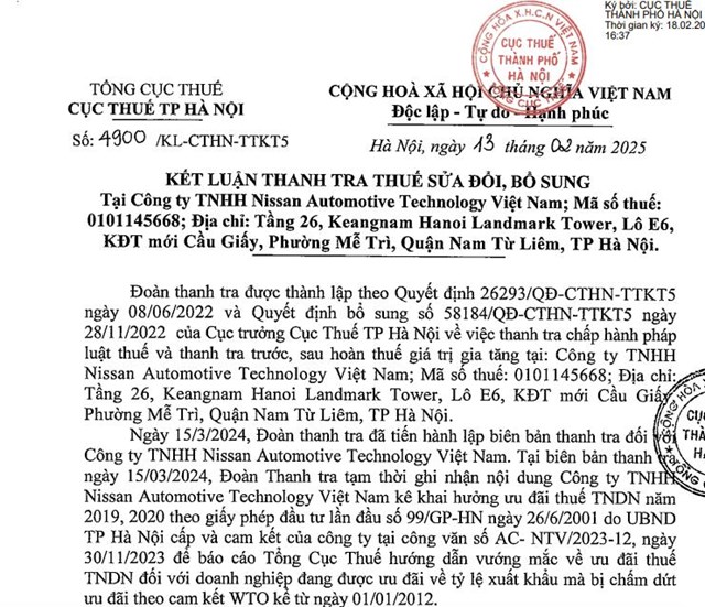 Cục Thuế H&#224; Nội phạt v&#224; truy thu C&#244;ng ty TNHH Nissan Automotive Technology Việt Nam gần 80 tỷ đồng - Ảnh 1