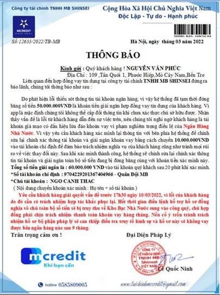 Văn bản giả mạo sử sụng sai logo Mcredit