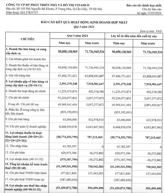 Qu&#253; I/2024, Vinahud (VHD) b&#225;o lỗ lớn hơn 51,4 tỷ đồng   - Ảnh 1