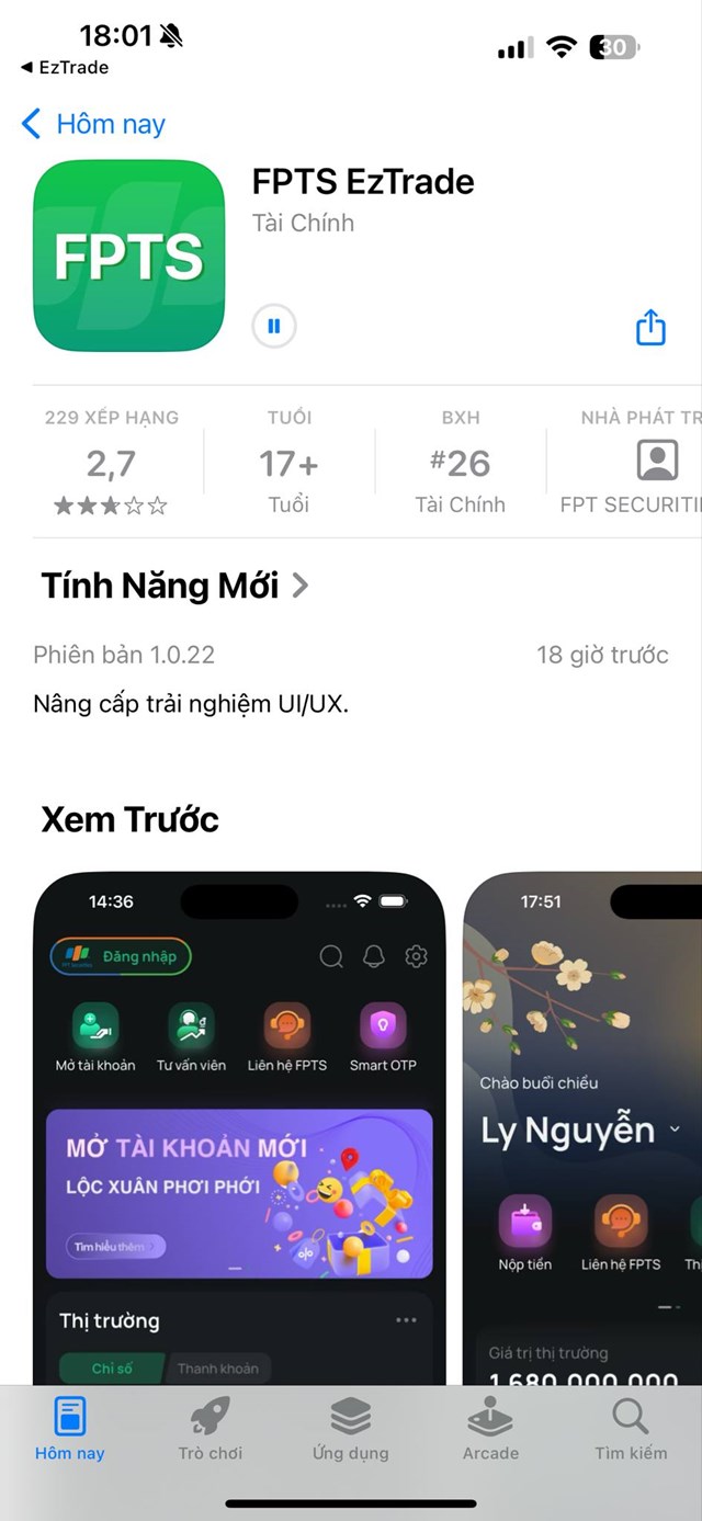 Giao diện mới của C&#244;ng ty Chứng kho&#225;n FPT (FPTS) gặp t&#236;nh trạng kh&#244;ng thể update, nhận về loạt đ&#225;nh gi&#225; 01 sao - Ảnh 2
