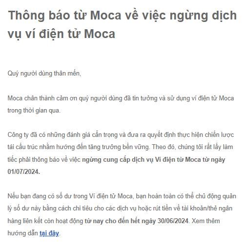 Grab bất ngờ th&#244;ng tin: V&#237; điện tử Moca th&#244;ng b&#225;o dừng hoạt động từ ng&#224;y 1/7/2024 - Ảnh 1