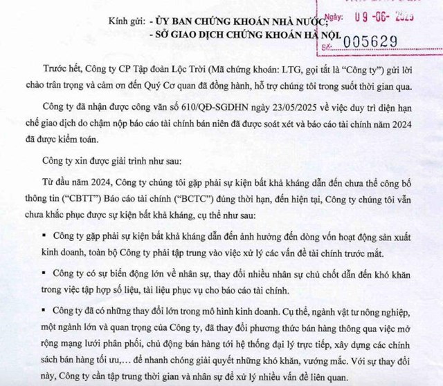 Tập đo&#224;n Lộc Trời (LTG) l&#234;n tiếng khi vẫn &#39;kẹt&#39; trong diện hạn chế giao dịch do chưa khắc phục được sự kiện bất khả kh&#225;ng - Ảnh 1