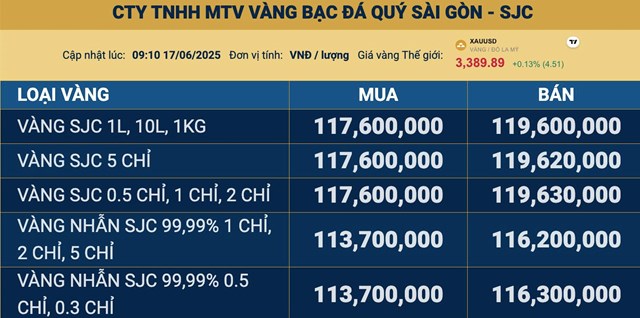 Gi&#225; v&#224;ng ng&#224;y 17/6: V&#224;ng thế giới quay đầu giảm, v&#224;ng miếng SJC về dưới ngưỡng 120 triệu đồng/lượng - Ảnh 2