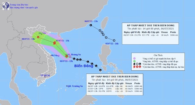 Vị tr&iacute; v&agrave; dự b&aacute;o đường đi của hai &aacute;p thấp nhiệt đới - Nguồn: Trung t&acirc;m dự b&aacute;o kh&iacute; tượng thủy văn quốc gia