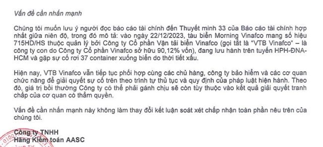 Vấn đề cần nhấn mạnh được&nbsp;C&ocirc;ng ty TNHH Kiểm to&aacute;n AASC n&ecirc;u trong b&aacute;o c&aacute;o t&agrave;i ch&iacute;nh của Vinafco.