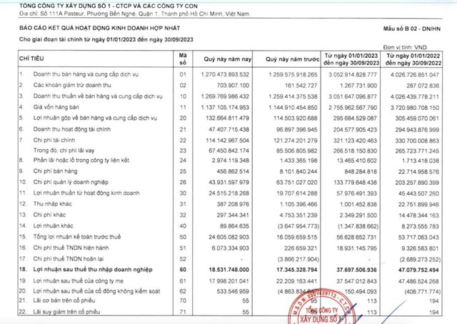 Tổng c&#244;ng ty X&#226;y dựng Số 1 (CC1) b&#225;o l&#227;i sau thuế giảm 20% trong 9 th&#225;ng đầu năm - Ảnh 1