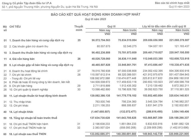 Lợi nhuận sau thuế 9 th&#225;ng đầu năm của C&#244;ng ty Đầu tư I.P.A (IPA) giảm 53,3%, h&#224;ng tồn kho tăng gần gấp 2 lần - Ảnh 1