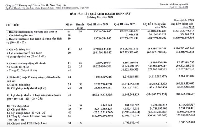 Doanh thu giảm tới 90%, Dầu khí Nam Sông Hậu (PSH) báo lỗ quý III/2024 hơn 182 tỷ đồng