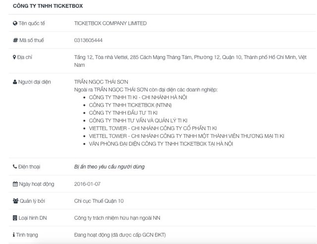 Hiện &ocirc;ng Trần Ngọc Th&aacute;i Sơn vẫn l&agrave; người đại diện ph&aacute;p luật của C&ocirc;ng ty TNHH Ticketbox.