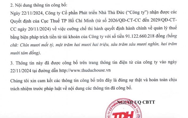 Thuduc House (TDH) bị cưỡng chế thuế hơn 91,1 tỷ đồng - Ảnh 1