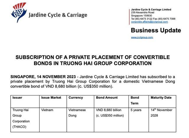 Jardine Cycle &amp; Carriage (JC&amp;C) &quot;r&#243;t&quot; 350 triệu USD mua 8.680 tr&#225;i phiếu của Tập đo&#224;n Trường Hải (Thaco) - Ảnh 1