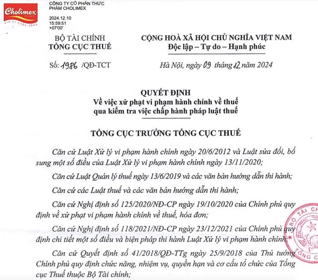 Vi phạm thuế, Thực phẩm Cholimex (CMF) bị phạt v&#224; truy thu hơn 7,4 tỷ đồng - Ảnh 1