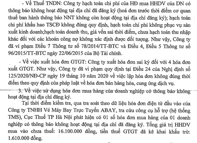 Sau thanh tra, c&#244;ng ty v&#233; m&#225;y bay trực tuyến ABAY bị phạt v&#224; truy thu hơn 1,3 tỷ đồng tiền thuế - Ảnh 3