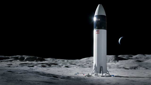 H&igrave;nh minh họa t&agrave;u đổ bộ SpaceX Starship sẽ chở c&aacute;c phi h&agrave;nh gia NASA l&ecirc;n Mặt trăng theo chương tr&igrave;nh Artemis. Ảnh: SpaceX.