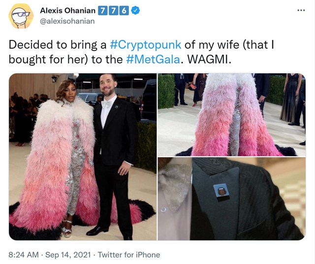 Triệu ph&uacute; đầu tư c&ocirc;ng nghệ -&nbsp;Alexis Ohanian tặng NFT 'Cryptopunk' cho vợ&nbsp;Serena Williams - tay vợt huyền thoại người Mỹ. Ảnh: Twitter