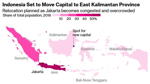 Biểu đồ ph&acirc;n bố d&acirc;n số Indonesia v&agrave;o năm 2018. Chấm đen tr&ecirc;n đảo Kalimantan l&agrave; nơi x&acirc;y dựng thủ đ&ocirc; mới. Ảnh: Bloomberg.