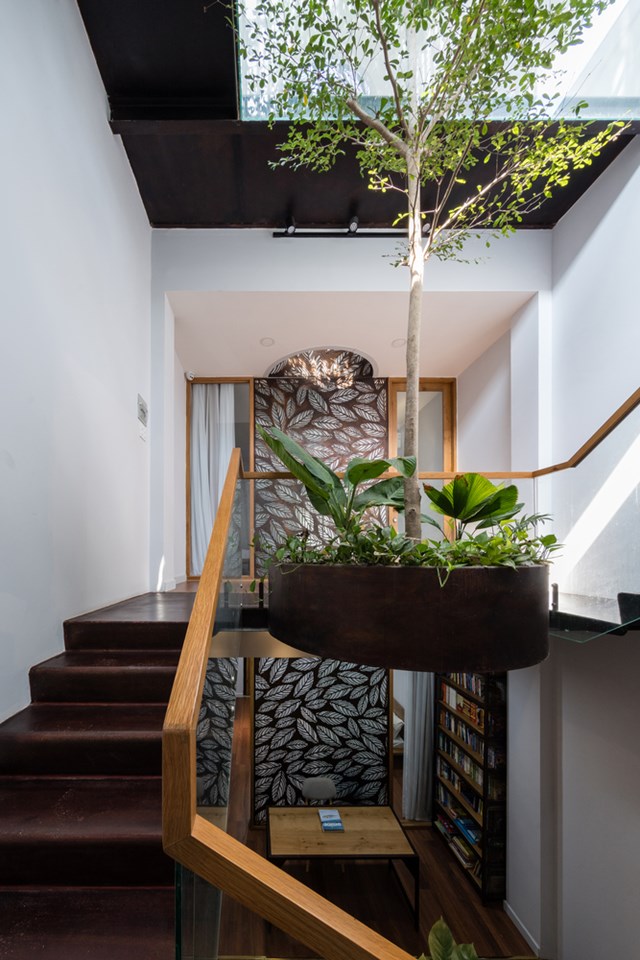 Cầu thang được trang bị những khu vườn nổi nhằm tối đa mảng xanh trong nh&agrave;