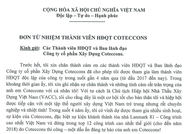 Người Việt cuối c&#249;ng trong HĐQT Coteccons gửi đơn xin từ nhiệm, để lại t&#226;m thư đầy trăn trở - Ảnh 1
