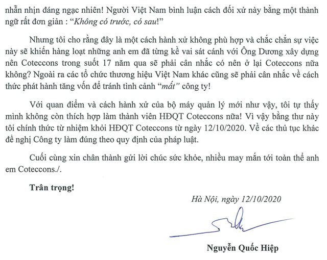 Đơn từ nhiệm của &ocirc;ng Nguyễn Quốc Hiệp.
