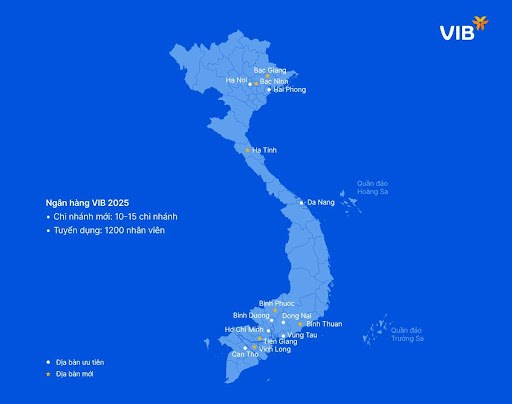 Biểu đồ 1: Mạng lưới hoạt động VIB v&agrave; c&aacute;c khu vực ưu ti&ecirc;n tuyển dụng qu&yacute; 1.2025.