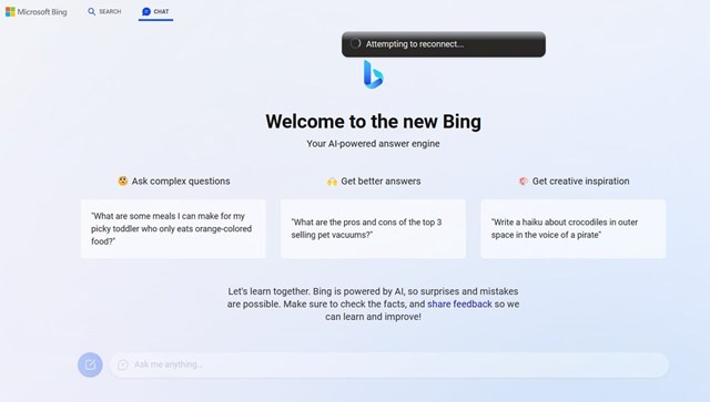 Cảnh b&aacute;o được Bing hiển thị khi bắt đầu sử dụng t&iacute;nh năng mới.