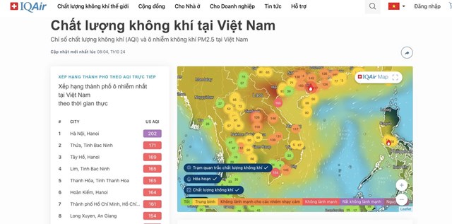 Biểu đồ xếp hạng mức độ &ocirc; nhiễm kh&ocirc;ng kh&iacute; tại Việt Nam